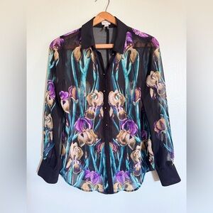 Dynamite Black Blouse with Purple and Gold Floral Design